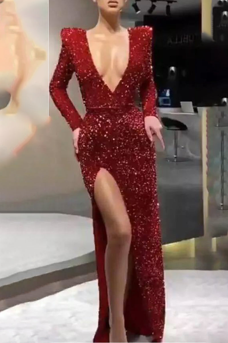 Sexy Formal Solid Sequined V Neck Evening Dress Dresses Red