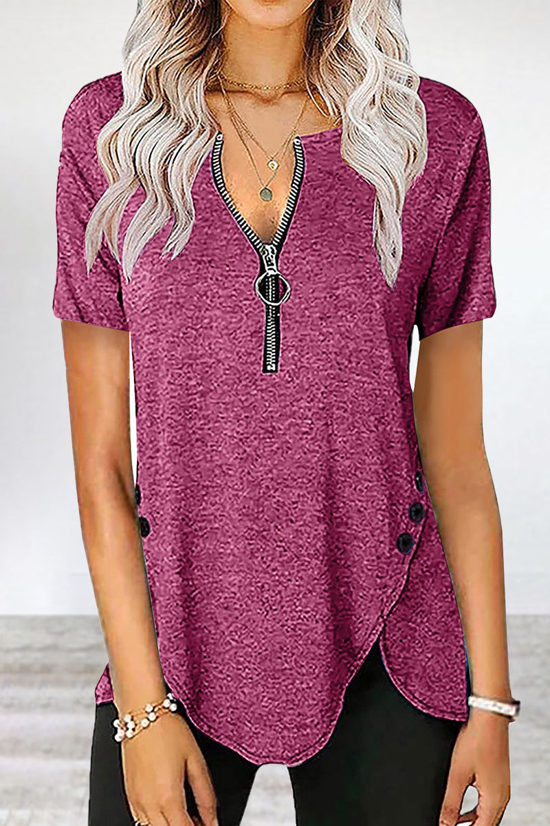 Casual Solid Asymmetrical Zipper Zipper Collar T-Shirts Purple