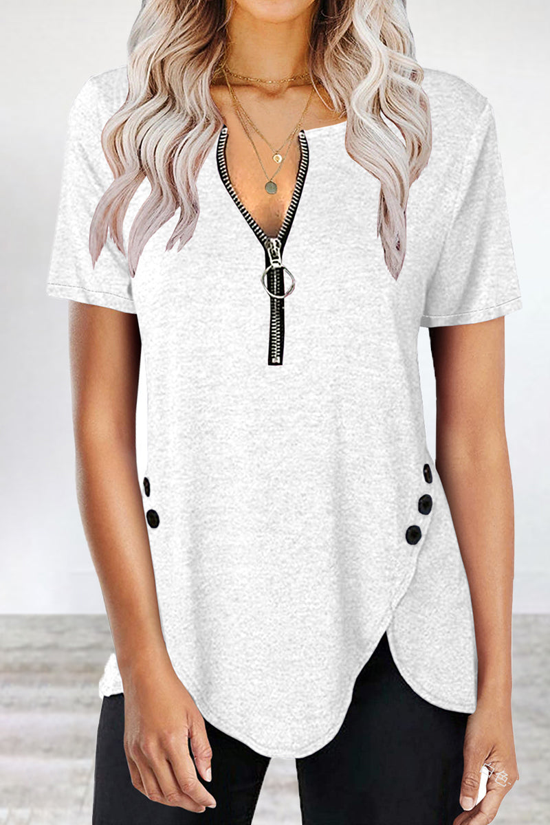 Casual Solid Asymmetrical Zipper Zipper Collar T-Shirts White