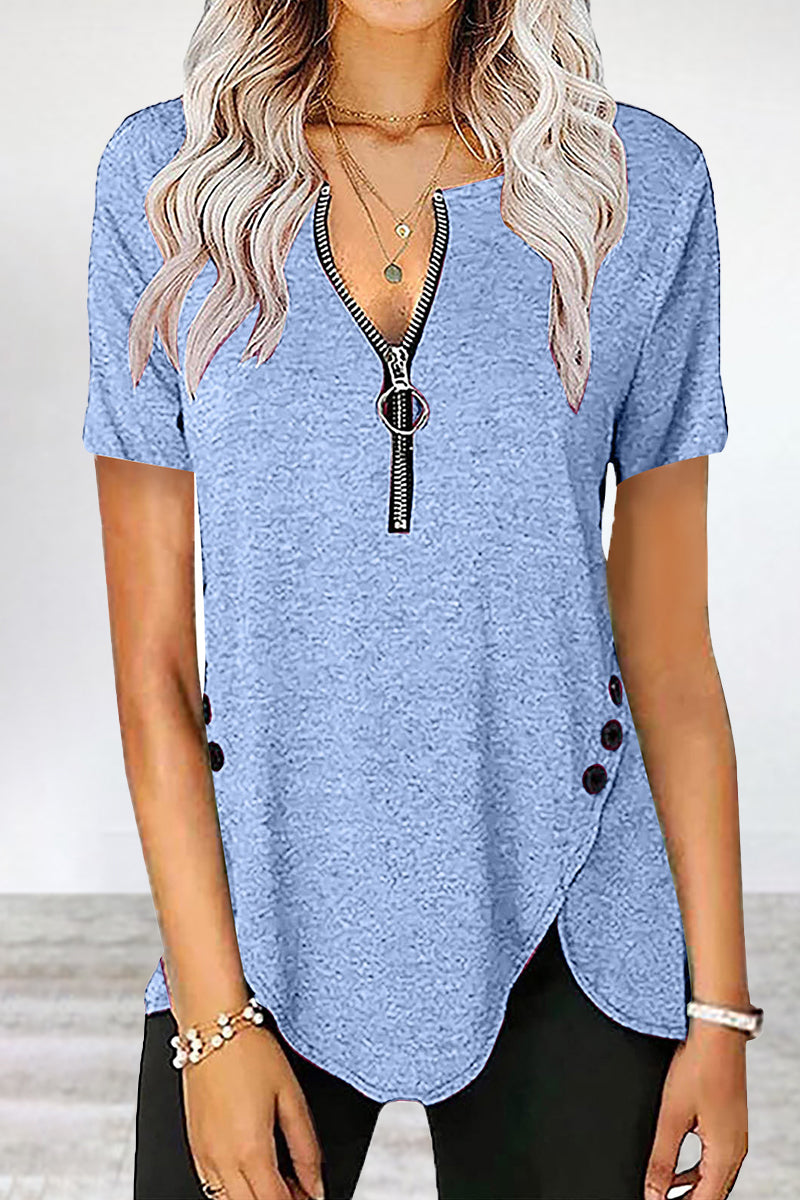 Casual Solid Asymmetrical Zipper Zipper Collar T-Shirts Sky Blue