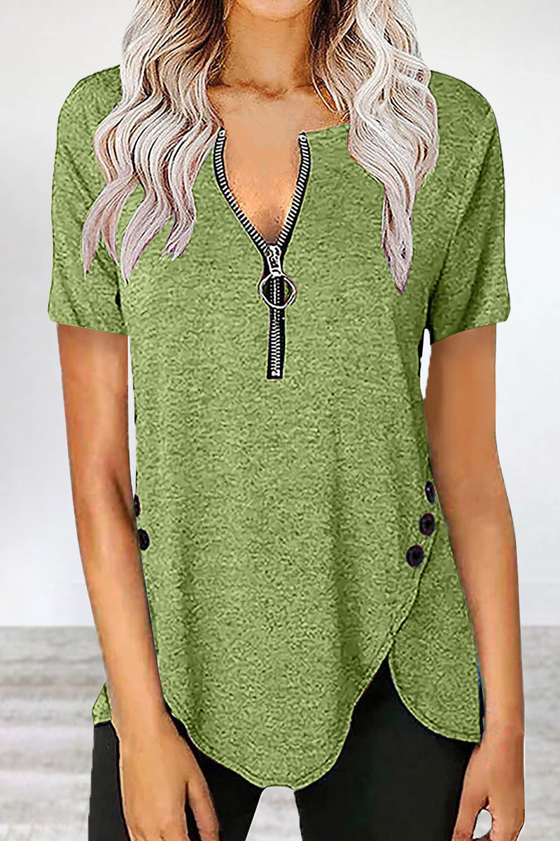 Casual Solid Asymmetrical Zipper Zipper Collar T-Shirts Green