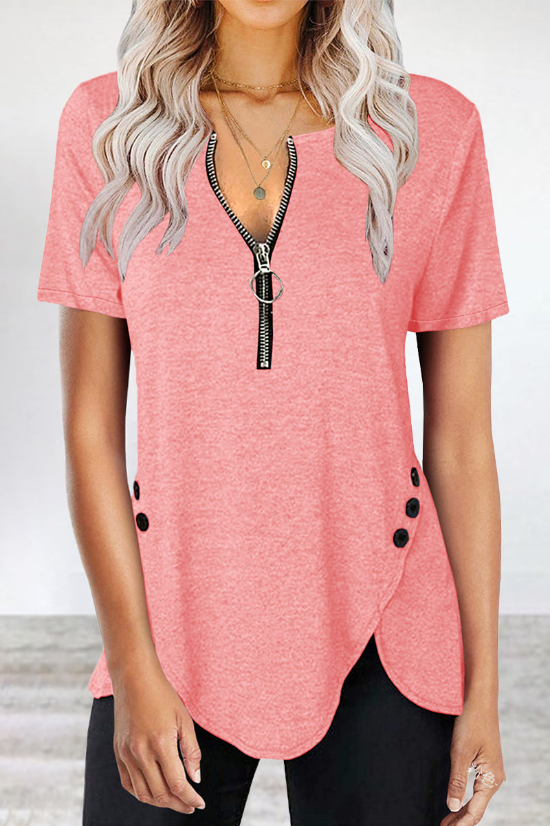 Casual Solid Asymmetrical Zipper Zipper Collar T-Shirts Pink