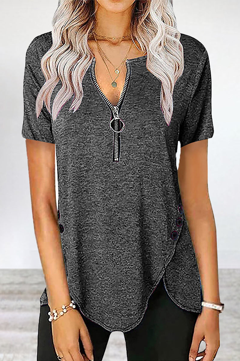 Casual Solid Asymmetrical Zipper Zipper Collar T-Shirts Grey