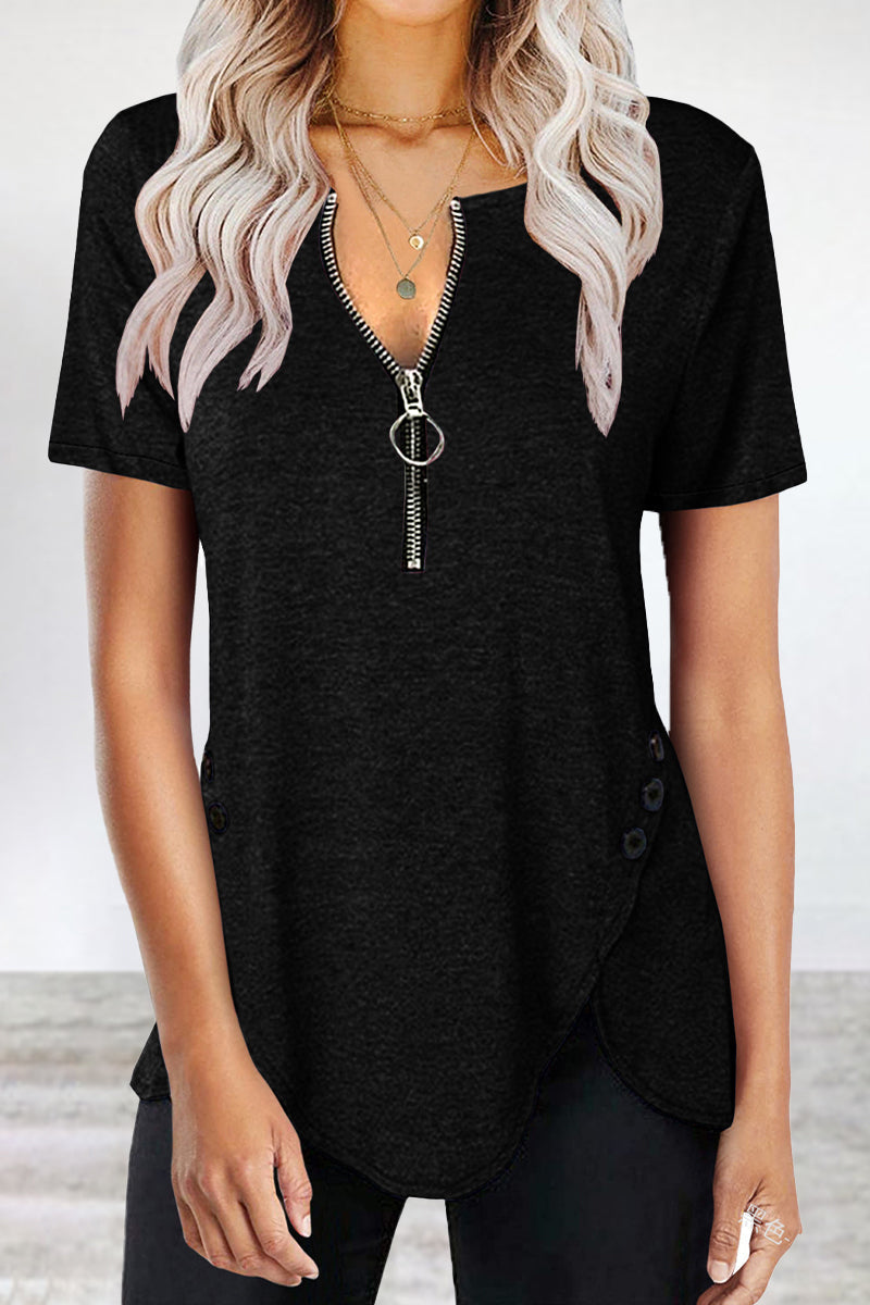 Casual Solid Asymmetrical Zipper Zipper Collar T-Shirts Black