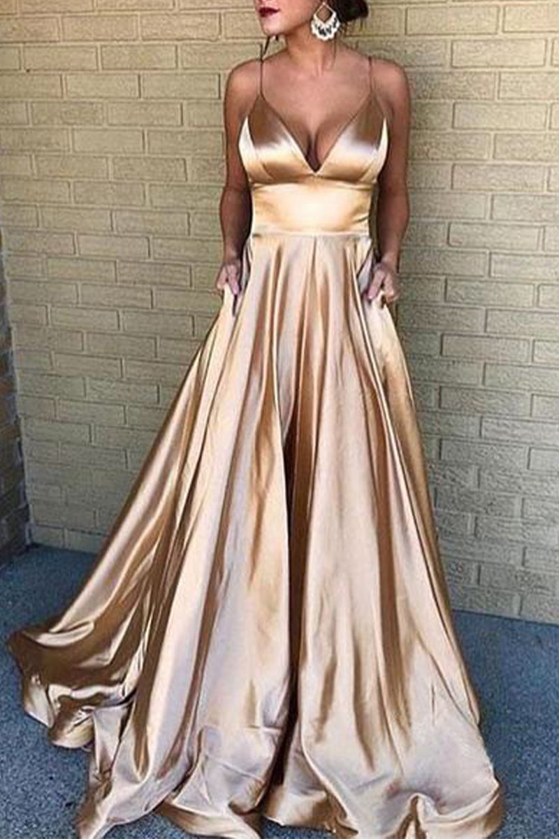 Elegant Formal Solid Solid Color V Neck Evening Dress Dresses(5 Colors) Gold