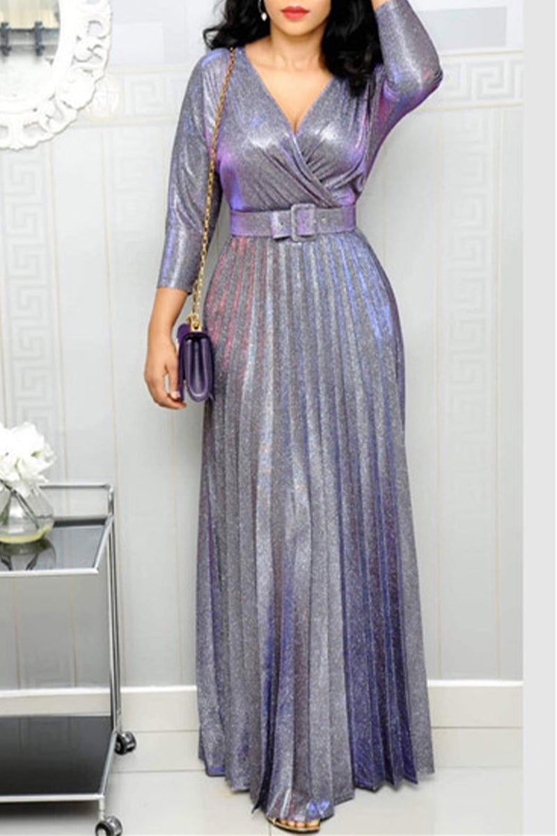 Elegant Bronzing Sequined With Belt V Neck A Line Dresses Purple