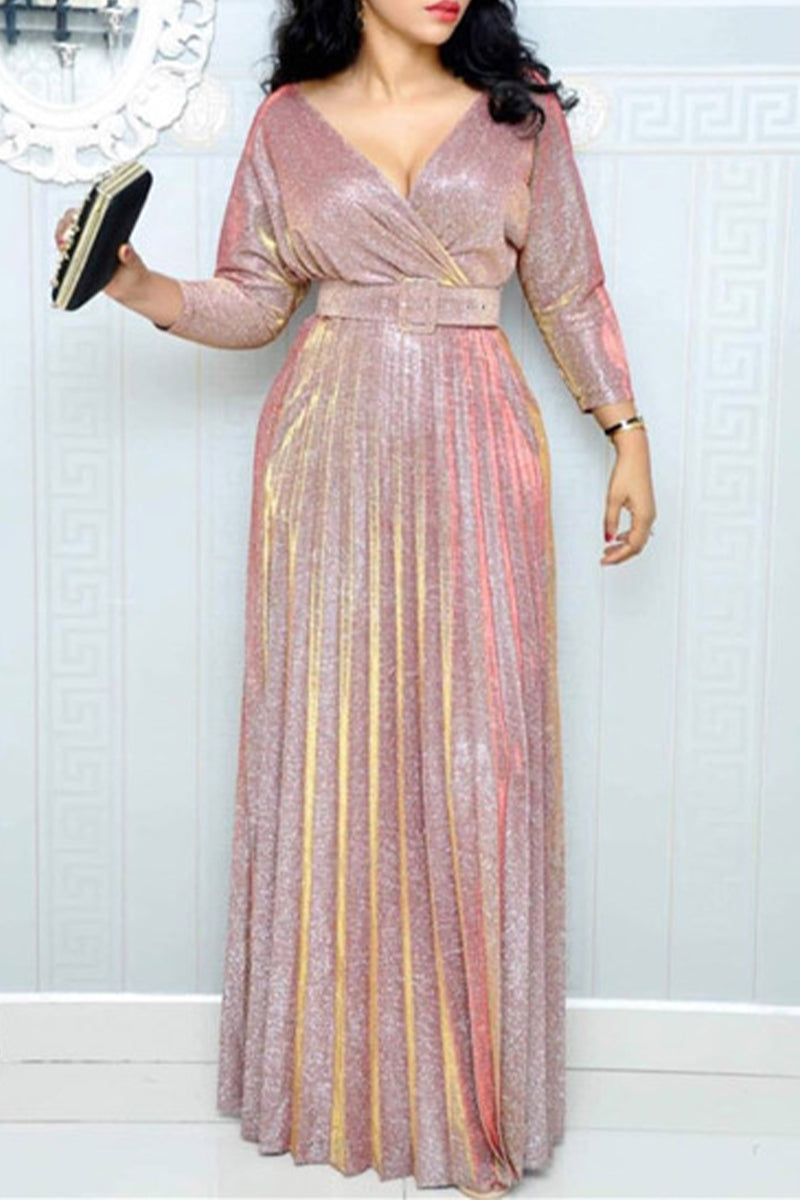 Elegant Bronzing Sequined With Belt V Neck A Line Dresses Pink