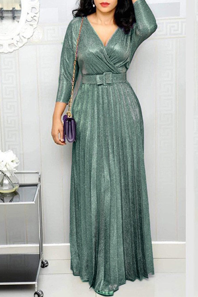 Elegant Bronzing Sequined With Belt V Neck A Line Dresses Green