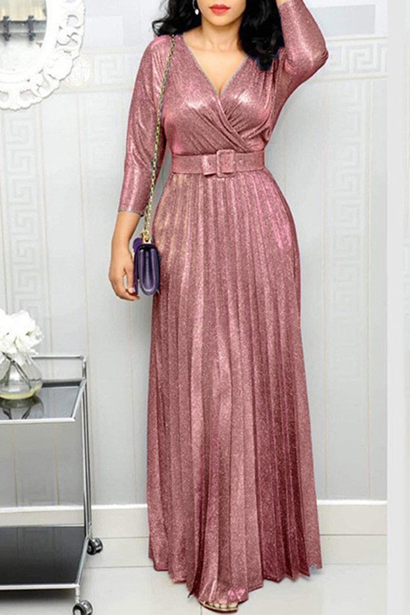 Elegant Bronzing Sequined With Belt V Neck A Line Dresses Red