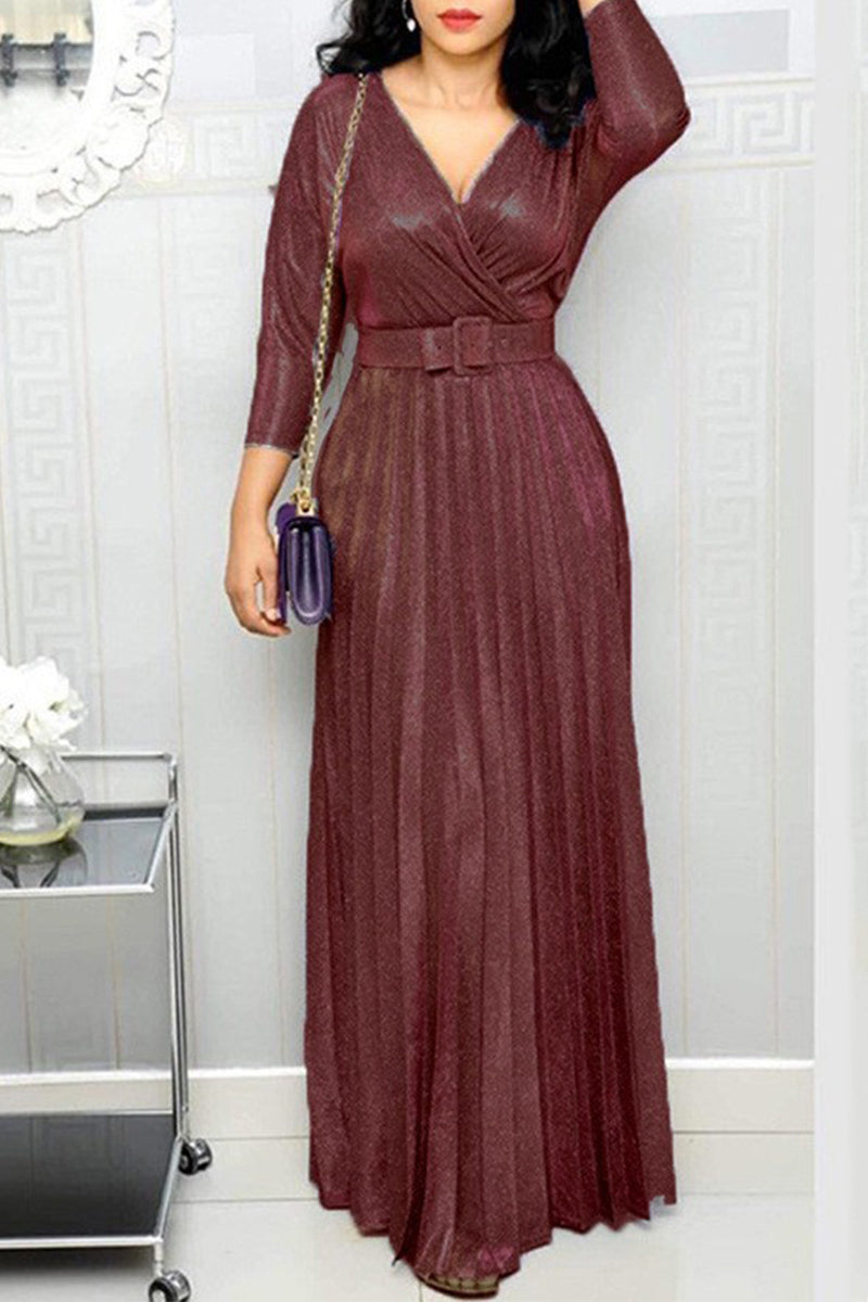 Elegant Bronzing Sequined With Belt V Neck A Line Dresses Burgundy