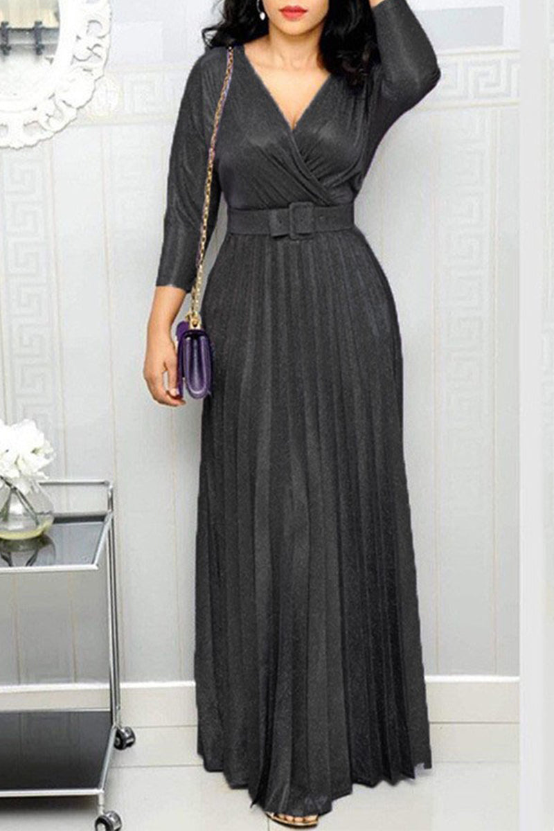 Elegant Bronzing Sequined With Belt V Neck A Line Dresses Black