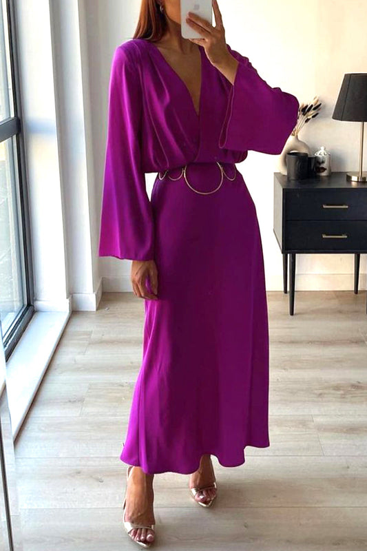 Elegant Solid Solid Color V Neck Bandage Dress Dresses Fuchsia