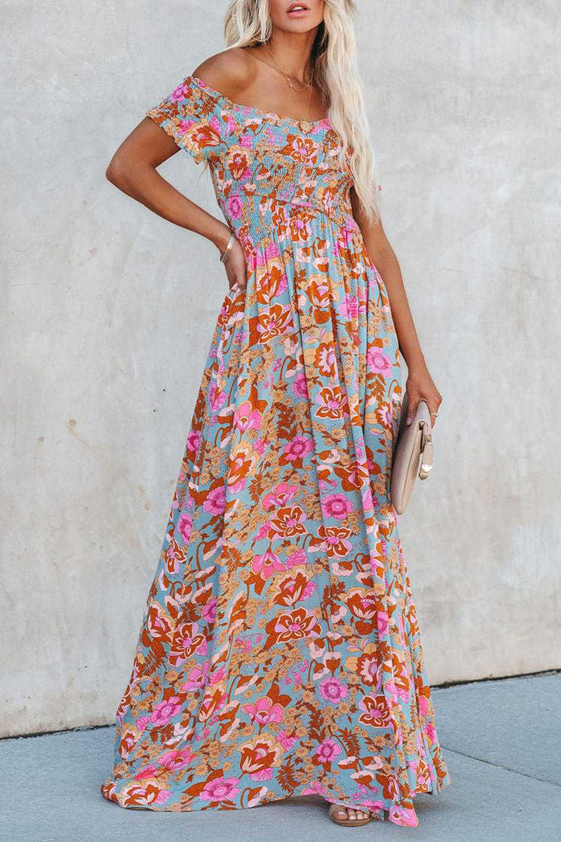 Elegant Vacation Floral Patchwork Off the Shoulder Printed Dress Dresses Pink