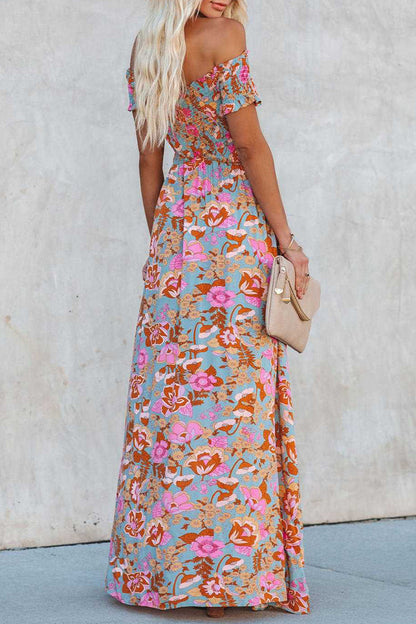 Elegant Vacation Floral Patchwork Off the Shoulder Printed Dress Dresses