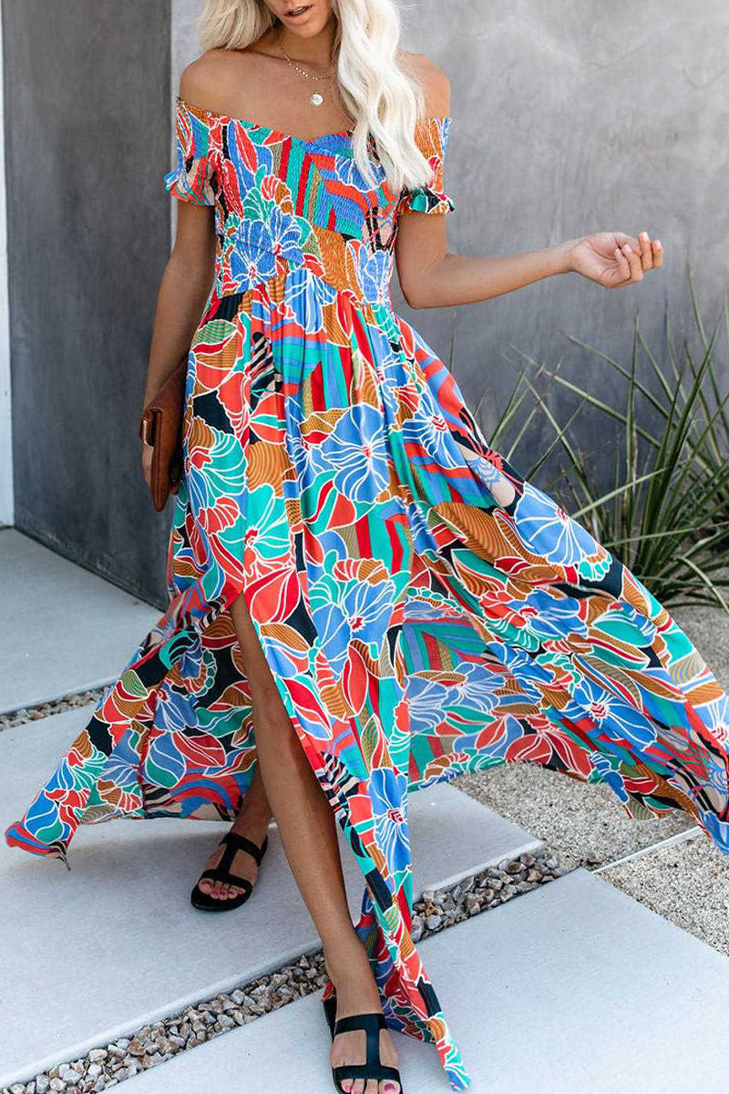 Elegant Vacation Floral Patchwork Off the Shoulder Printed Dress Dresses