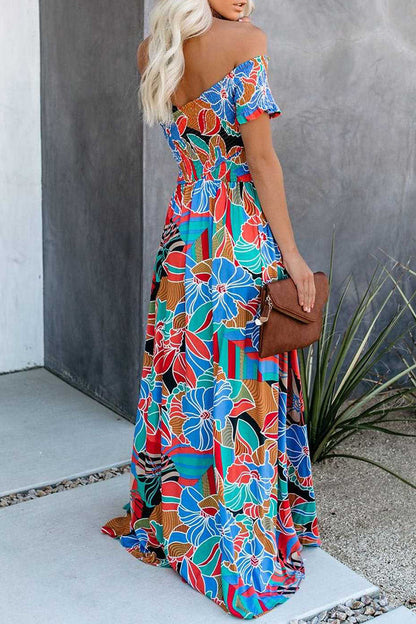 Elegant Vacation Floral Patchwork Off the Shoulder Printed Dress Dresses