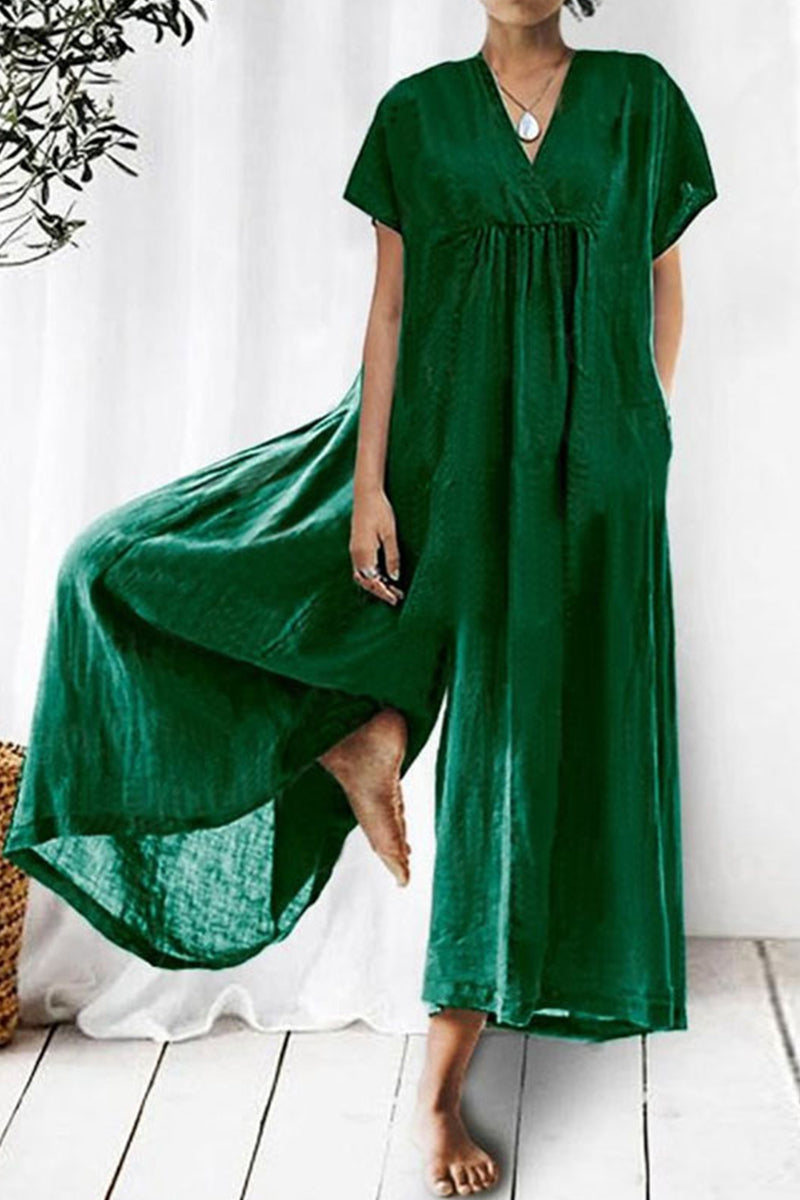 Casual Daily Solid Pocket V Neck Loose Jumpsuits Green