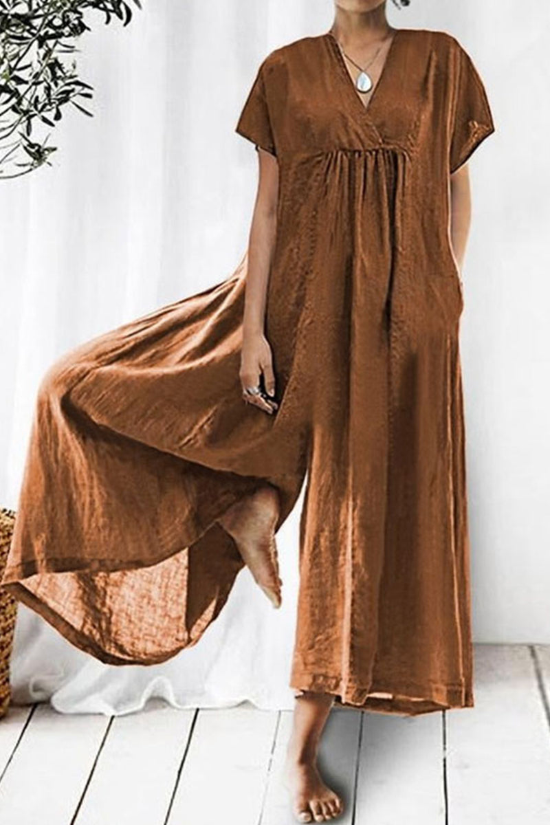 Casual Daily Solid Pocket V Neck Loose Jumpsuits Brown