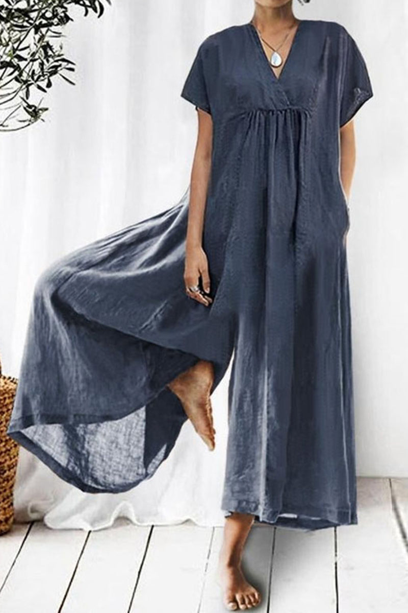 Casual Daily Solid Pocket V Neck Loose Jumpsuits Navy Blue