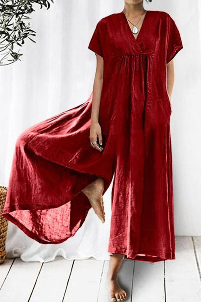 Casual Daily Solid Pocket V Neck Loose Jumpsuits Red