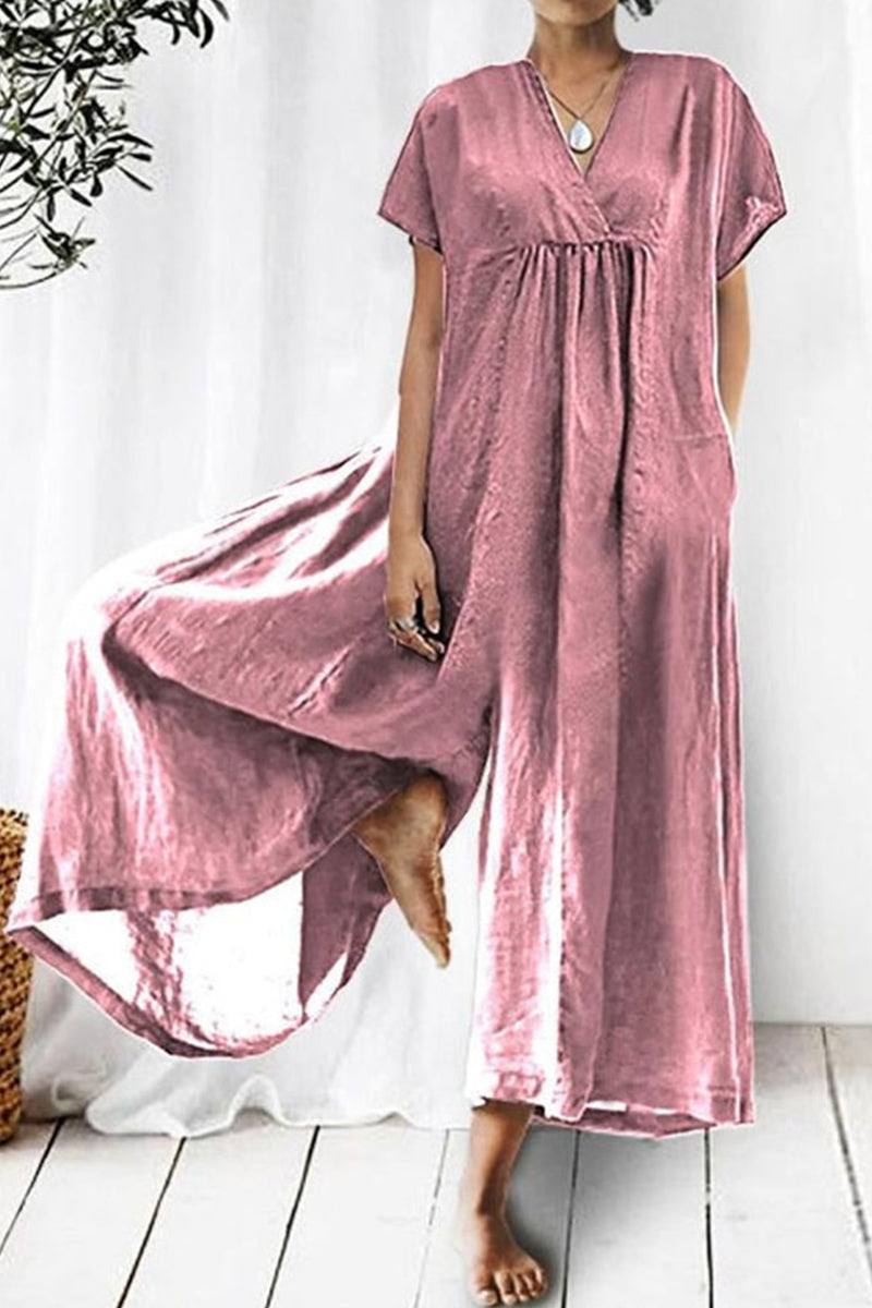 Casual Daily Solid Pocket V Neck Loose Jumpsuits Pink