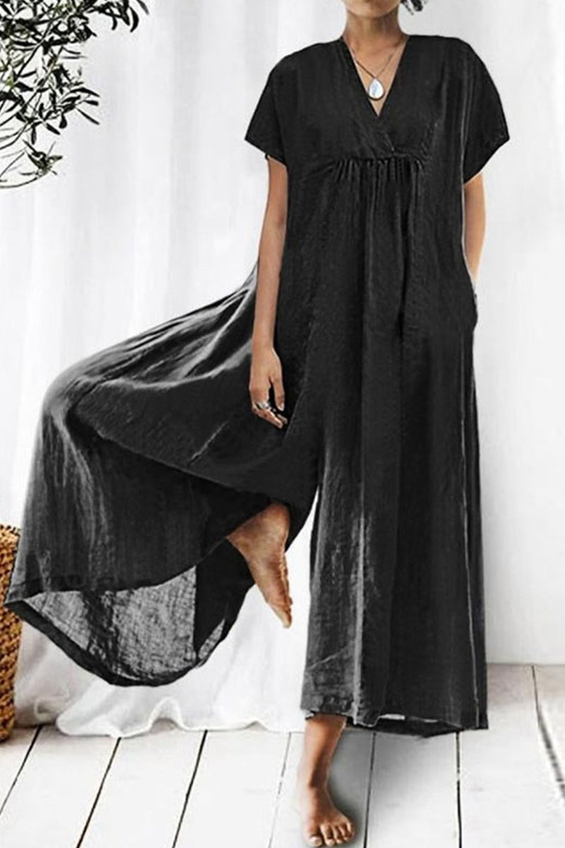 Casual Daily Solid Pocket V Neck Loose Jumpsuits Black