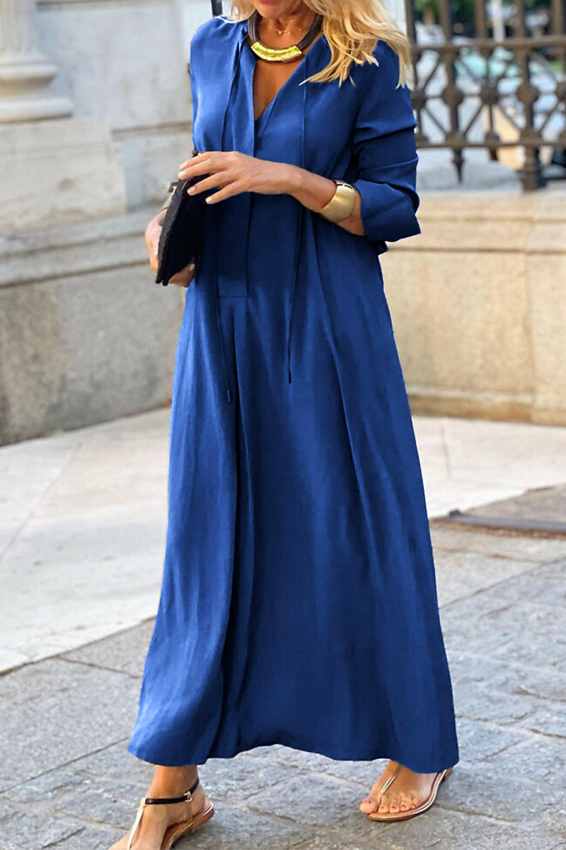 Casual Solid Pocket V Neck Shirt Dress Dresses Royal Blue