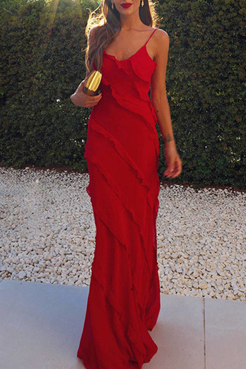 Sexy Celebrities Solid Flounce Slit V Neck Sling Dress Dresses Red