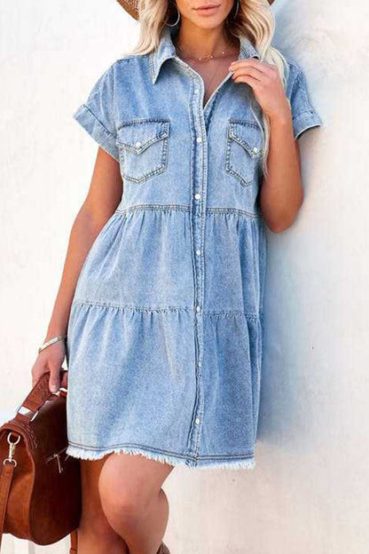 Street Solid Patchwork Turndown Collar Short Sleeve Loose Denim Dresses The cowboy blue