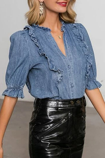 Work Solid Buckle Flounce V Neck Tops