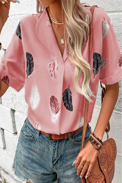 Casual Print Patchwork Turndown Collar Tops Pink