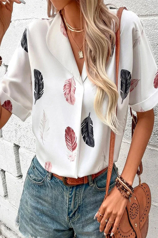 Casual Print Patchwork Turndown Collar Tops White