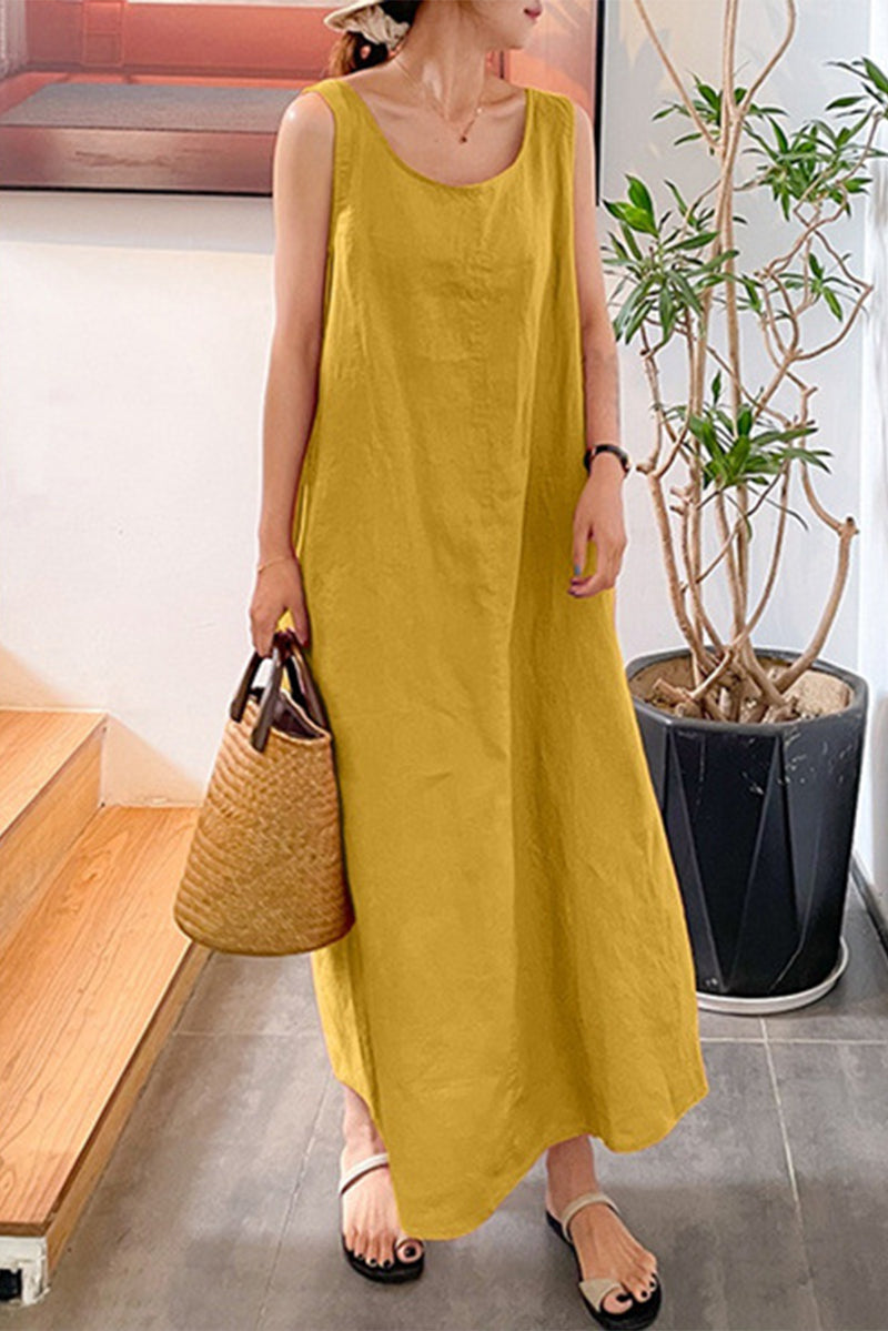 Casual Simplicity Solid Pocket O Neck Sleeveless Dress Dresses Yellow