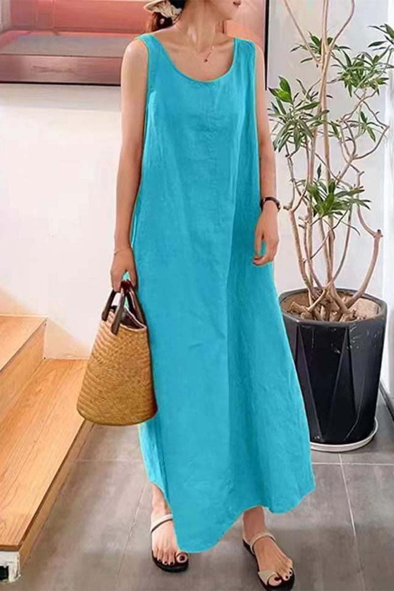 Casual Simplicity Solid Pocket O Neck Sleeveless Dress Dresses Blue