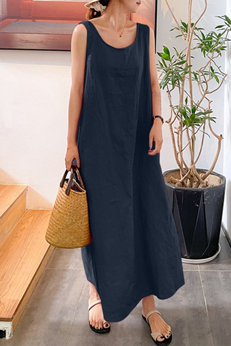 Casual Simplicity Solid Pocket O Neck Sleeveless Dress Dresses Tibetan Blue