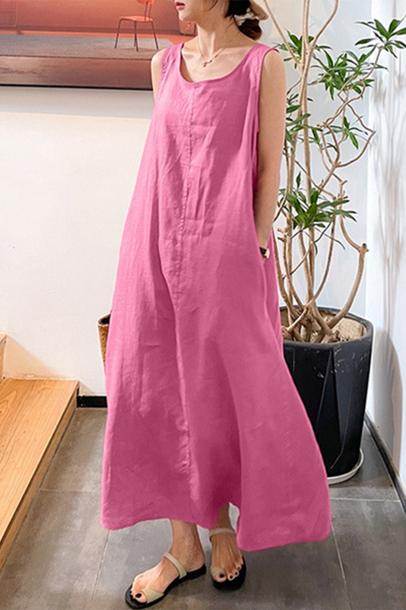 Casual Simplicity Solid Pocket O Neck Sleeveless Dress Dresses Pink