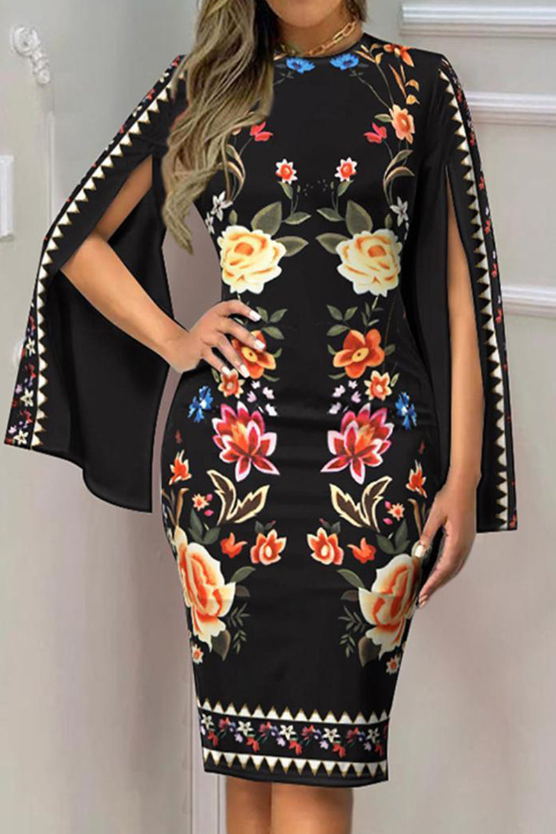 Celebrities Elegant Print Patchwork O Neck Dresses Black