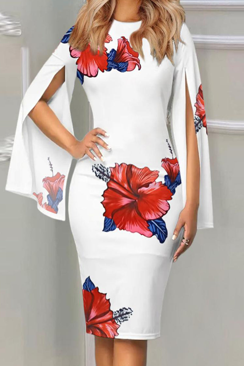 Celebrities Elegant Print Patchwork O Neck Dresses White