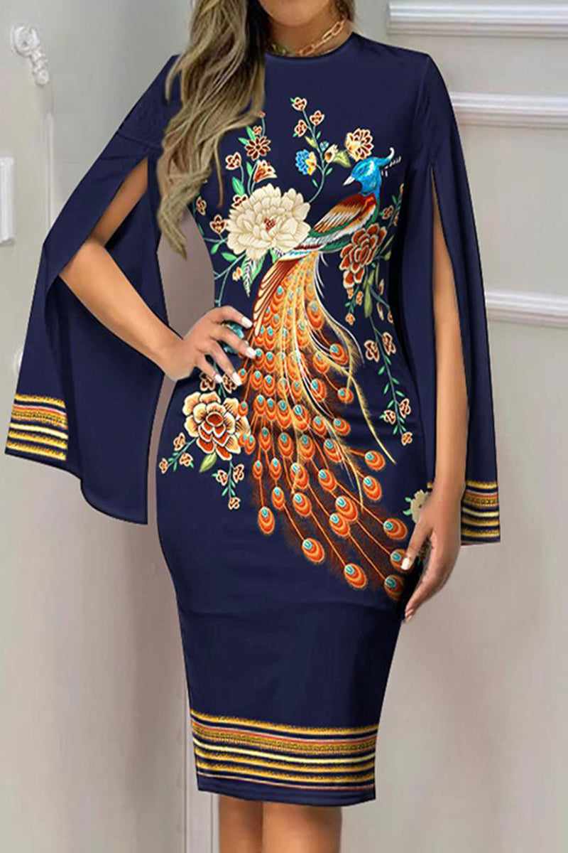 Celebrities Elegant Print Patchwork O Neck Dresses Tibetan Blue