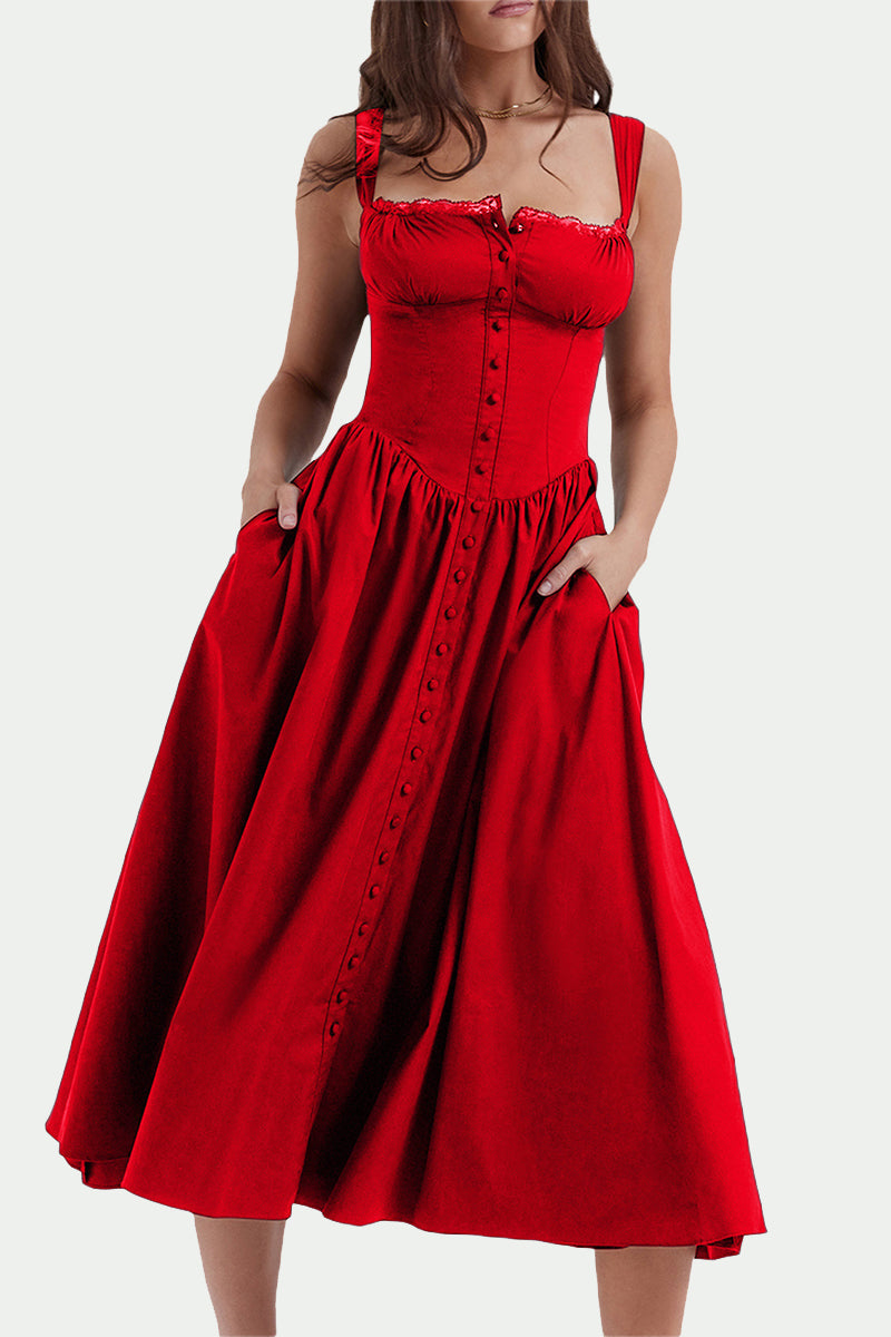 Elegant Solid Patchwork U Neck Sling Dress Dresses Red