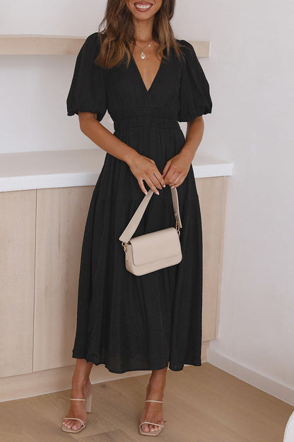 Elegant Solid V Neck A Line Dresses Black