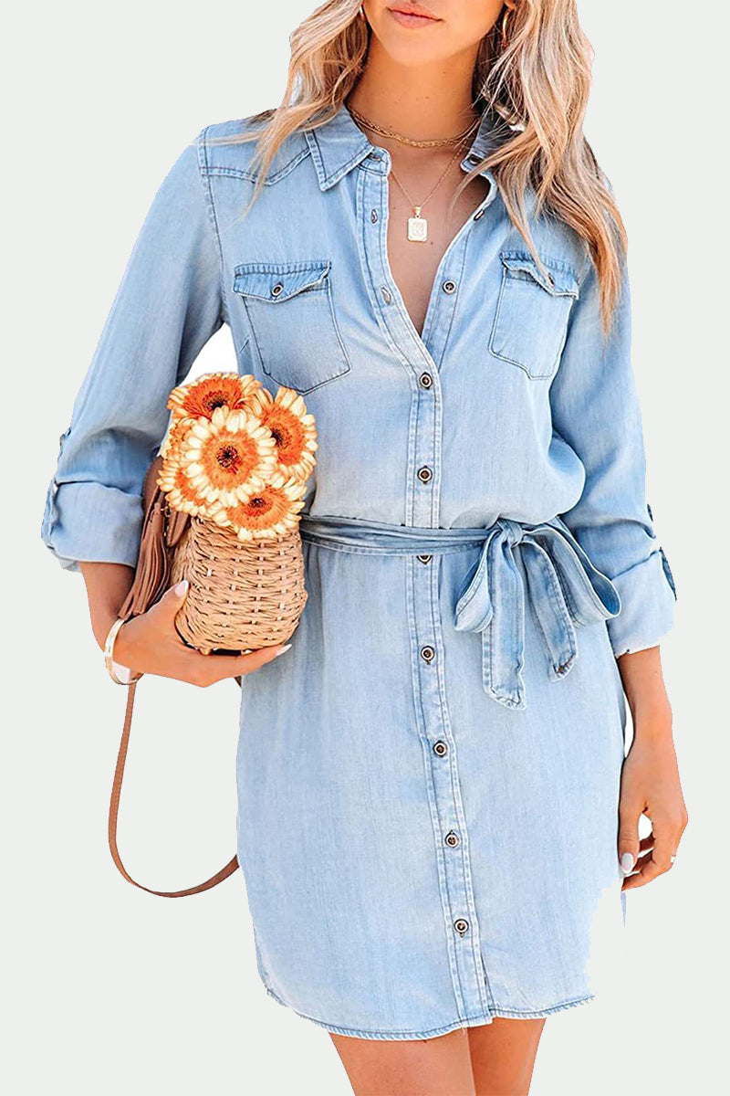 Elegant Solid Frenulum Turndown Collar Long Sleeve Loose Denim Dresses Light Blue