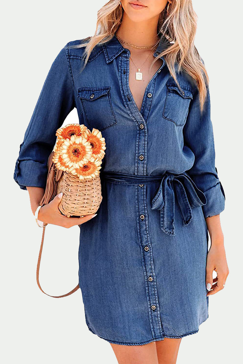 Elegant Solid Frenulum Turndown Collar Long Sleeve Loose Denim Dresses Deep Blue