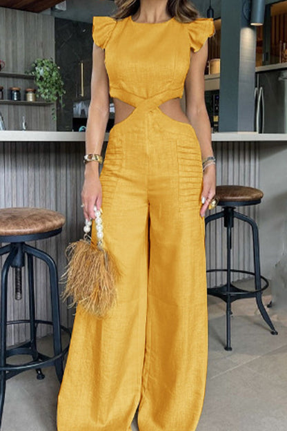 Casual Simplicity Solid Flounce O Neck Regular Jumpsuits(3 Colors) Yellow