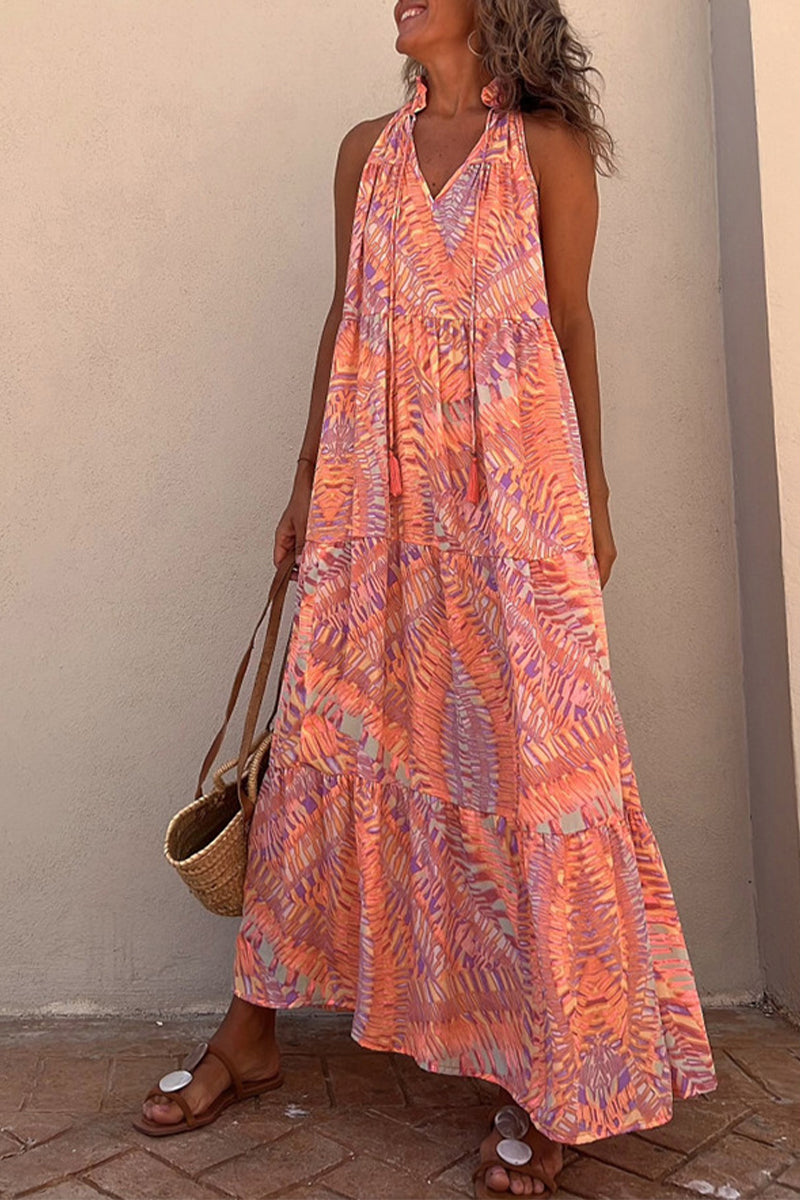 Casual Vacation Print Patchwork Halter Printed Dress Dresses Orange