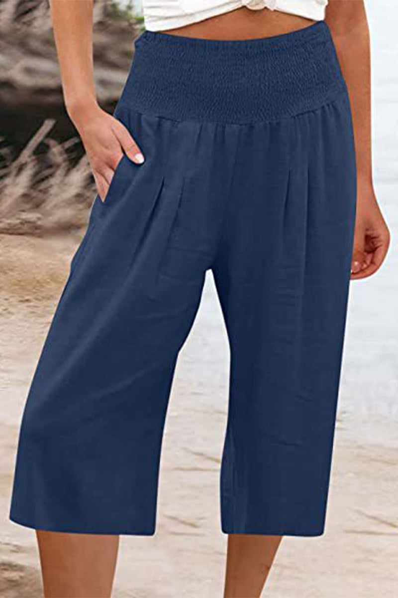 Casual Simplicity Solid Pocket Loose High Waist Wide Leg Solid Color Bottoms Navy Blue