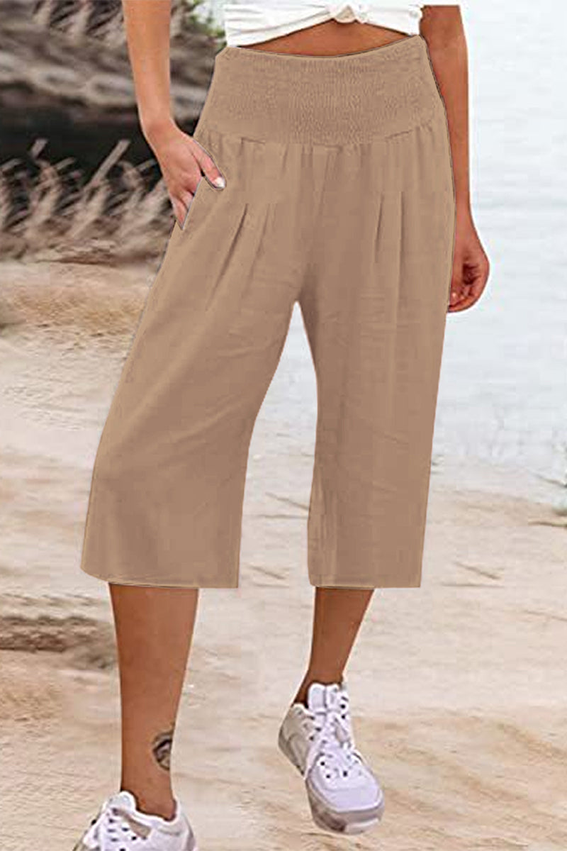 Casual Simplicity Solid Pocket Loose High Waist Wide Leg Solid Color Bottoms Khaki