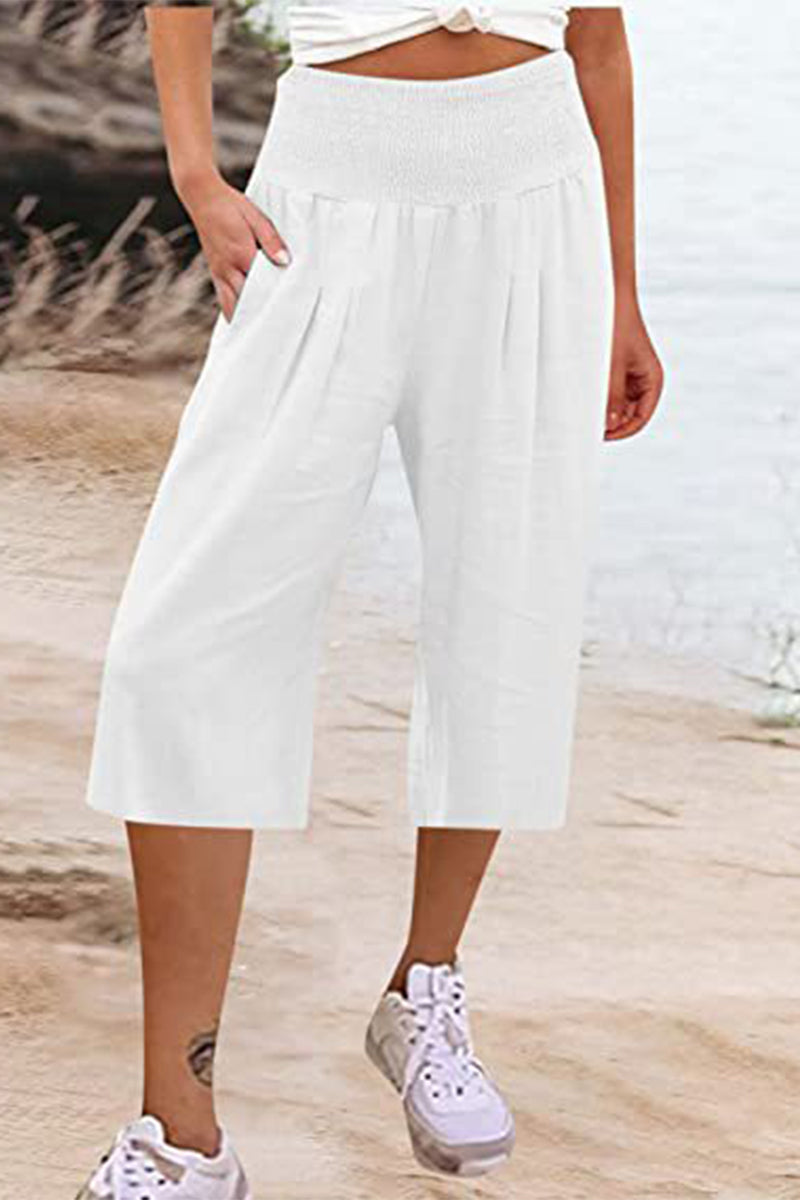 Casual Simplicity Solid Pocket Loose High Waist Wide Leg Solid Color Bottoms White