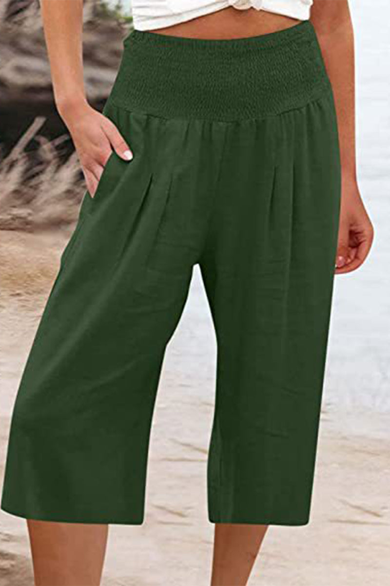 Casual Simplicity Solid Pocket Loose High Waist Wide Leg Solid Color Bottoms Green