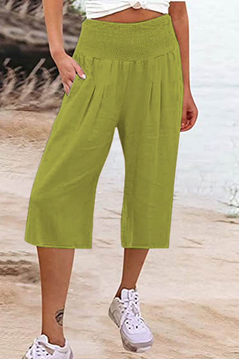 Casual Simplicity Solid Pocket Loose High Waist Wide Leg Solid Color Bottoms Fluorescent Green